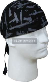 Black & Silver Gun Pattern Camouflage Cotton Biker Headwrap Bandanna 