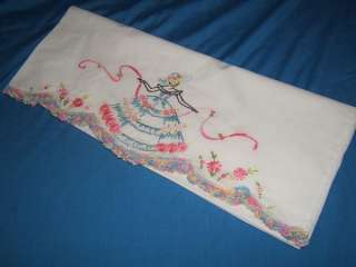   Antique EMBROIDERED SOUTHERN BELLE w CROCHET Pillowcase Standard 20x31