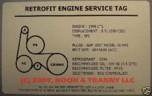 1994 LT1 5.7L Impala Retrofit Engine Service Tag Swap  