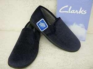 Clarks King Spire Navy Velour Fabric Classic Twin Gusset Slippers 
