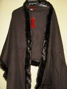 Misses womens winter Cashmere Wool blend faux fur wrap cape ruana one 
