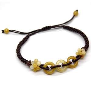   Coloured Jade Stone Ring Link Adjustable Dark Brown Woven Bracelet