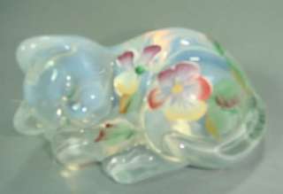 Fenton Sleeping Kitten French Opalescent Hand Painted With Pansies 