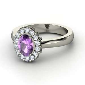 Princess Kate Ring, Oval Amethyst 14K White Gold Ring with Diamond