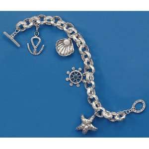   Silver Nautical Theme Charm Toggle Bracelet, 3mm Turquoise, 6mm Pearl