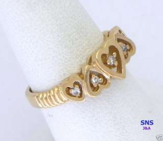 Lovely Sweet Hearts 14k Solid Gold Ring set 5 Diamonds  