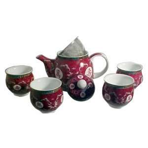  Tea Set Fushia Chinese Designs 5pc