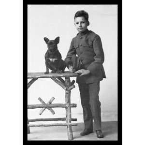 Boy with French Bulldog   12x18 Framed Print in Black Frame (17x23 