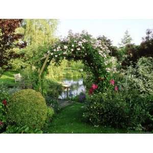  View of Pond Through Timber Arch Covered with Rosa 