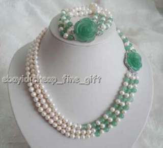   White FW Pearl Genuine Jade 3 Rows Necklace Bracelet Set  