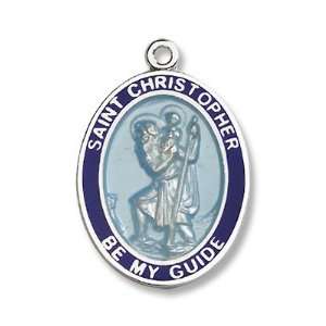 Sterling Silver St. Christopher Blue Border Pendant with 24 Stainless 