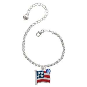 Large USA Patriotic Flag Silver Plated Brass Charm Bracelet with 