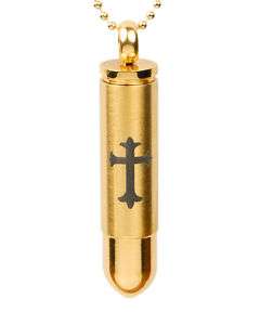 Cremation bullet urn pendant jewelry gold with cross  