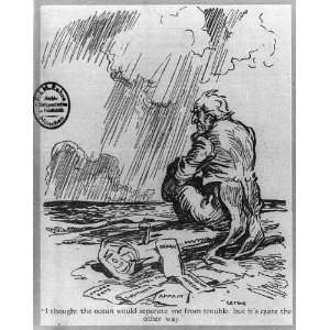   Uncle Sam sitting on beach,storm clouds,Cartoon,1916