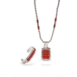  Blood Coral & Sterling Silver Set Jewelry