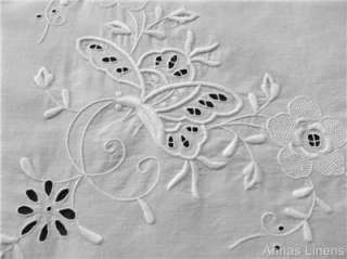 Antique Linen Tablecloth Deep Cluny Lace Hand Embroidered Butterfly 