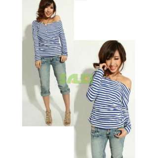 Laconic Style Stripes Patterns Off the Shoulder Long Sleeve T Shirt 