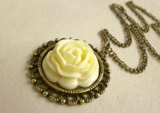 Vintage Cream Colored Rose Pendant Long Chain Necklace  