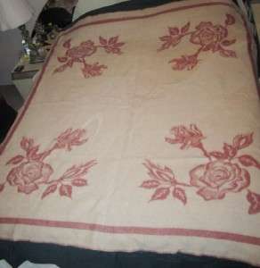 Vtg Wool Printed Rose Floral Mauve Cream Bed Blanket, Sleigh Buggy 
