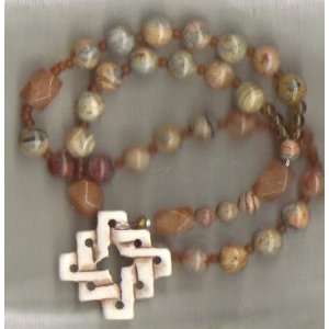  Anglican Rosary of Lacy Agate with Carved Celtic Cross 