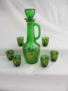 Vtg 7 Pc Crystal Decanter Cordial Glass Set Green Gold  
