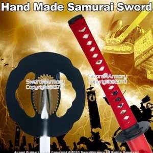  Handmade Samurai Katana Sword W/ Red Scabbard And Cord 