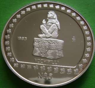 1993 MEXICO Pre columbian Xochipili Aztec series 1 Oz Silver coin 