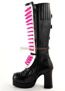   Womens Knee High Cyber Goth Boots With UV/Blacklight Tubes & Side Zip