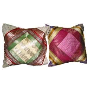 com Vintage Sari Cushion Covers 2 Ivory Red Silk Paisley Zari Borders 