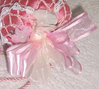 Pink Silk Dupioni Strawberry Sachet Crochet beaded Lace  