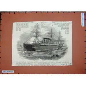    1889 Antique Print War Ship Sailing Sea Masts Boat