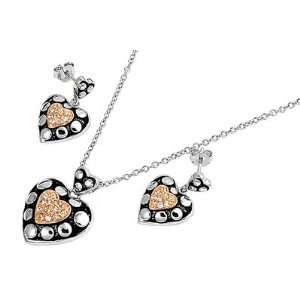 Sterling Silver Two tone Heart CZ Necklace Set Jewelry