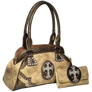   cowgirl rhinestone cross satchel bag with matching wallet   brown