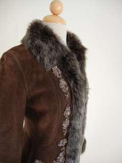   Brown Lambskin Shearling COAT JACKET Sz XS Densely Jeweled Adorned