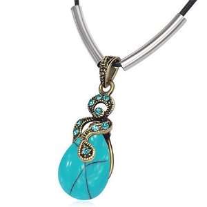Fashion Turquoise Teardrop Charm with Blue Crystals Spiral Black Chain 
