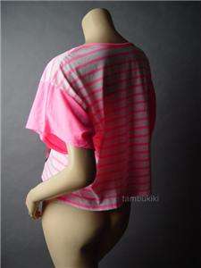 NEON Pink Cherry Fruit Print Stripe Cropped Top Shirt L  