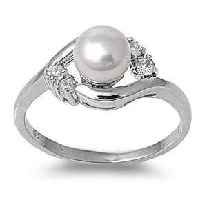  Rhodium Plated Sterling Silver Pearl & Cz Ring (Size 4   9 