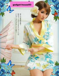 Cute yellow blue Kimono Japanese girl Dress Costume string Ribbon 