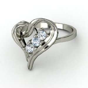  Mothers Heart Ring, Round Aquamarine 14K White Gold Ring 
