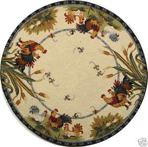 Hand hooked Roosters Ivory Wool Area Rug 3 Round  