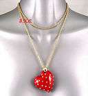 GOLD PLATED,RED RETRO HEART, BLING MIKEY PENDANT NECKLACE w/ SWAROVSKI 