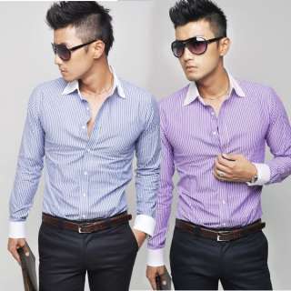 CT46 New Mens Fashion SlimFit Luxury Stylish Strip Dress Shirts BLUE 