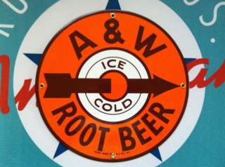classic A&W ICE COLD ROOT BEER porcelain coated metal sign  