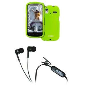 HTC Amaze 4G Neon Green Rubberized Hard Case Cover + Stereo Hands Free 