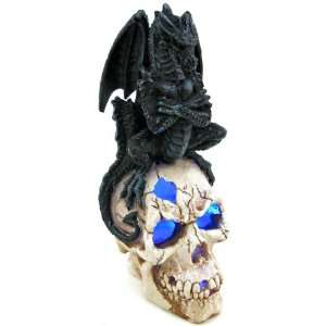  LED Guardian Dragon On Human Skull Statue Creepy