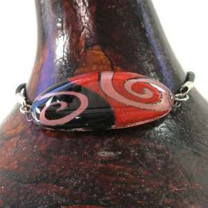  Oval Glass Bracelet   Black and Red Swirls