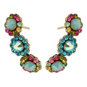 Michal Negrin Earrings with Three Flowers, Blue and Multicolor 