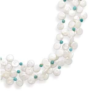  Silver 16 Inch Triple Strand Coin Pearl And Created Turquoise Bead 