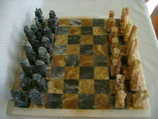 MARBLE ONYX CHESS SET AZTEC STYLE HAND CARVED  