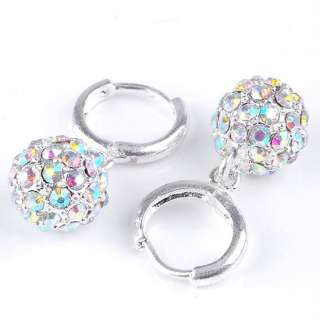 Silver Plate AB Clear Crystal Ball Beads Dangle Ear Stud Hoop Earring 